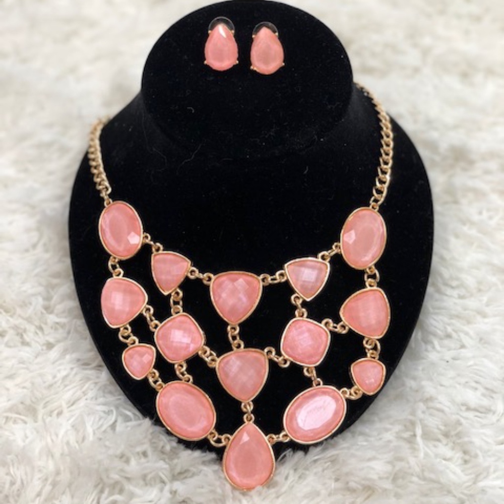 Pink Costume Jewelry Necklace and Earrings - Picture 2 of 4